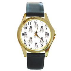 Cute Husky Puppies Round Gold Metal Watch by SychEva