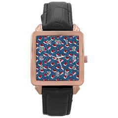 Blue Christmas Hats Rose Gold Leather Watch  by SychEva