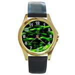 Green  Waves Abstract Series No3 Round Gold Metal Watch Front