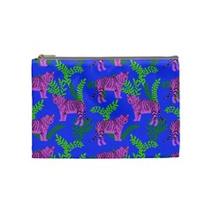 Pink Tigers On A Blue Background Cosmetic Bag (medium) by SychEva