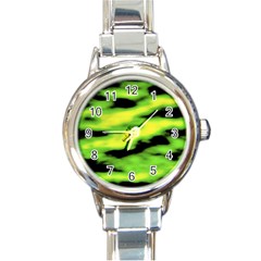 Green  Waves Abstract Series No12 Round Italian Charm Watch by DimitriosArt