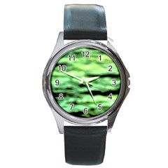 Green  Waves Abstract Series No13 Round Metal Watch by DimitriosArt