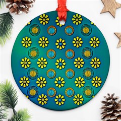 Yellow And Blue Proud Blooming Flowers Round Ornament (two Sides) by pepitasart