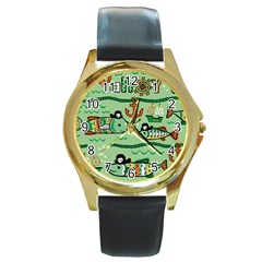 Seamless Pattern Fishes Pirates Cartoon Round Gold Metal Watch