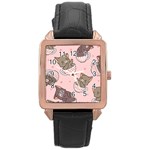 Seamless Pattern Adorable Cat Inside Cup Rose Gold Leather Watch  Front