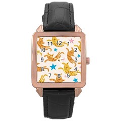 Cute Cats Seamless Pattern With Stars Funny Drawing Kittens Rose Gold Leather Watch 