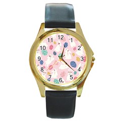 Cute Bunnies Easter Eggs Seamless Pattern Round Gold Metal Watch