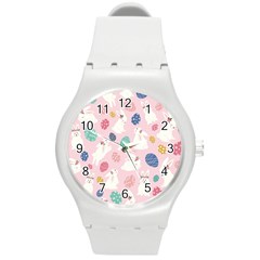 Cute Bunnies Easter Eggs Seamless Pattern Round Plastic Sport Watch (m)