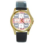 Cute Seamless Pattern With Cats Round Gold Metal Watch Front