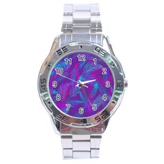 Leaf-pattern-with-neon-purple-background Stainless Steel Analogue Watch