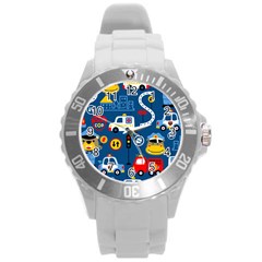 Seamless-pattern-vector-rescue-team-cartoon Round Plastic Sport Watch (l)