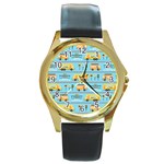 Buses-cartoon-pattern-vector Round Gold Metal Watch Front