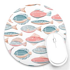 Hand-drawn-seamless-pattern-with-cute-fishes-doodle-style-pink-blue-colors Round Mousepads