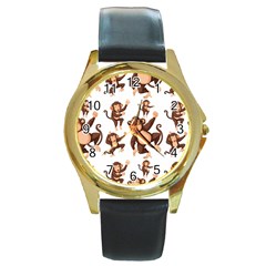 Monkey-seamless-pattern Round Gold Metal Watch