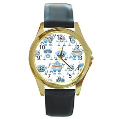 Seamless Pattern With Funny Robot Cartoon Round Gold Metal Watch