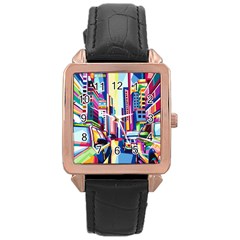 City-street-car-road-architecture Rose Gold Leather Watch 