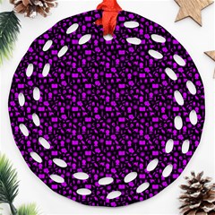 Small Bright Dayglo Purple Halloween Motifs Skulls, Spells & Cats On Spooky Black Ornament (round Filigree) by PodArtist