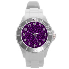 Small Bright Dayglo Purple Halloween Motifs Skulls, Spells & Cats On Spooky Black Round Plastic Sport Watch (l) by PodArtist