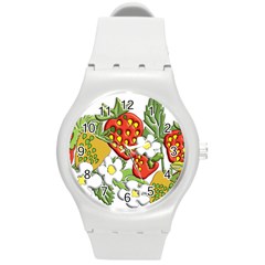 Strawberries Berry Strawberry Leaves Round Plastic Sport Watch (m)