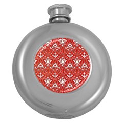 Red  Lace Decorative Ornament - Pattern 14th And 15th Century - Italy Vintage Yellow Lace Decorative Ornament - Pattern 14th And 15th Century - Italy Vintage  Round Hip Flask (5 Oz) by ConteMonfrey