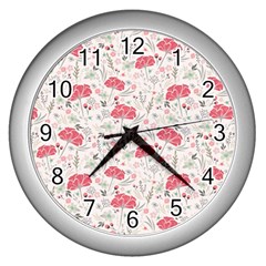 Illustration Flowers Pattern Wallpaper Floral Wall Clock (silver)