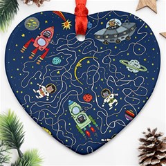 Illustration Cat Space Astronaut Rocket Maze Heart Ornament (two Sides) by Ravend