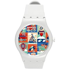 Toy Transport Cartoon Seamless-pattern-with-airplane-aerostat-sail Yacht Vector Illustration Round Plastic Sport Watch (m)