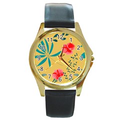 Nature Floral Flower Petal Leaves Leaf Plant Round Gold Metal Watch by Ravend