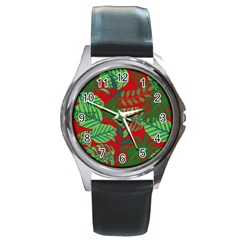 Leaves Pattern Red Green Nature Round Metal Watch by Wegoenart