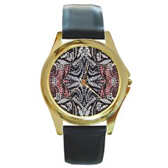 Pink Grey Repeats Symmetry Round Gold Metal Watch by kaleidomarblingart