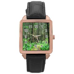 Forest Woods Nature Landscape Tree Rose Gold Leather Watch  by Celenk