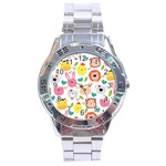 Cute Animals Cartoon Seamless Background Stainless Steel Analogue Watch Front