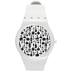 Wine Pattern Black White Round Plastic Sport Watch (m)