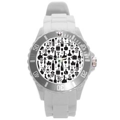 Wine Pattern Black White Round Plastic Sport Watch (l)