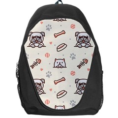 Pug-dog-cat-with-bone-fish-bones-paw-prints-ball-seamless-pattern-vector-background Backpack Bag