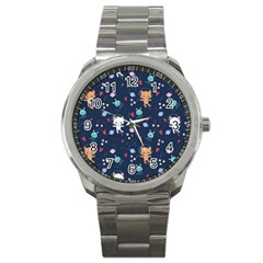 Cute-astronaut-cat-with-star-galaxy-elements-seamless-pattern Sport Metal Watch