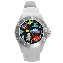 Seamless Pattern With Space Object Ufo Rocket Alien Hand Drawn Element Space Round Plastic Sport Watch (l) by Wegoenart