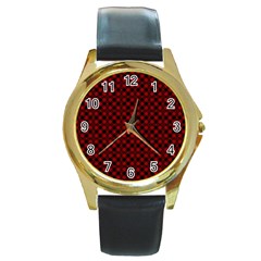 Diagonal Red Plaids Round Gold Metal Watch