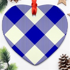 Blue And White Diagonal Plaids Heart Ornament (two Sides)