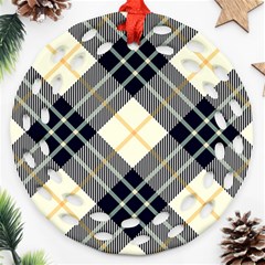 Black, Yellow And White Diagonal Plaids Ornament (round Filigree) by ConteMonfrey