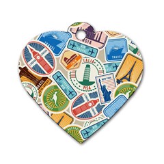 Travel Pattern Immigration Stamps Stickers With Historical Cultural Objects Travelling Visa Immigran Dog Tag Heart (two Sides) by Wegoenart