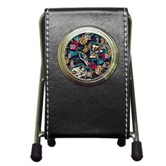 Vintage Art Tattoos Colorful Seamless Pattern Pen Holder Desk Clock