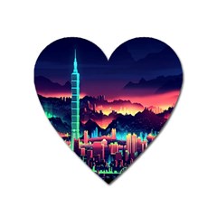 Cityscape Building Painting 3d City Illustration Heart Magnet by danenraven