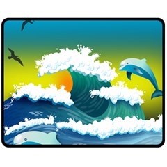 Dolphin Seagull Sea Ocean Wave Blue Water Fleece Blanket (medium)  by Wegoenart