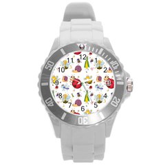 Cute Cartoon Insects Seamless Background Round Plastic Sport Watch (l)