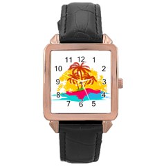 Holiday Tropical Elements Leaf Orange Rose Gold Leather Watch 