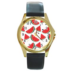 Watermelon Seamless Pattern Round Gold Metal Watch