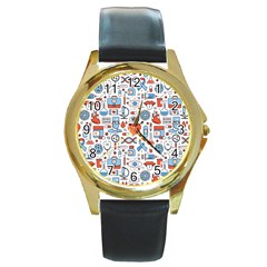 Medical Icons Square Seamless Pattern Round Gold Metal Watch by Jancukart