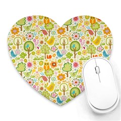 Nature Doodle Art Trees Birds Owl Children Pattern Multi Colored Heart Mousepad by danenraven