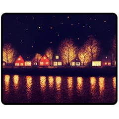 Night Houses River Bokeh Leaves Fall Autumn Double Sided Fleece Blanket (medium)  by danenraven